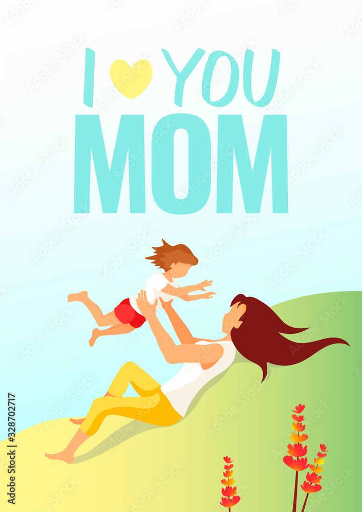 Cute card design for Mother's Day, Women's Day, childhood, motherhood. Mother playing with child in the nature. A4 Vector illustration for card, postcard, poster, cover.