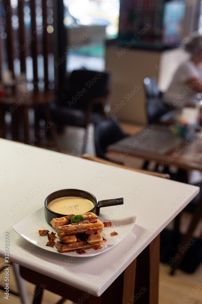 waffles stick with carbonara sauce