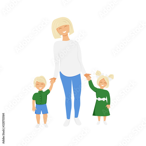 Vector illustration of blond mother with children. Funny mummy with son and daughter holding hands and smiling. Family spending good time together. Cartoon flat design of cute characters isolated 