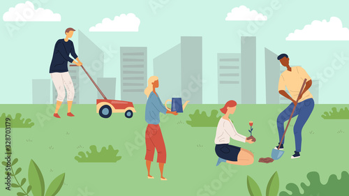 Gardening Concept. People Gardening, Mowing Lawn, Planting And Watering Flowers. Group Of Happy People Is Working Outdoor in The City Park With Cityscape Background. Cartoon Flat Vector Illustration