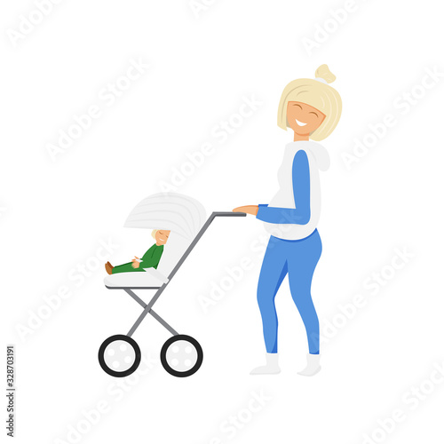 Vector illustration of mother with baby carriage. Happy blond mom walking with baby girl. Cute flat characters isolated on white background. Woman in sports clothes taking fresh air with daughter