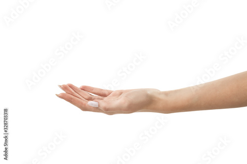 female hand opened palm up it is isolated on a white background
