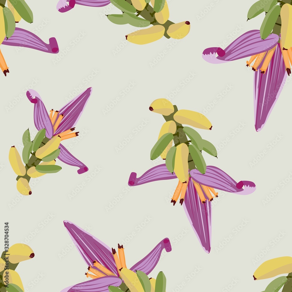 Seamless tropical pattern with banana palms branch with flower and fruit. Seamless tropical pattern with banana palms branch with flower and fruit.