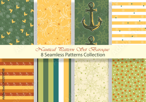 Nautical Pattern Set inspired by adventures on the seas. Baroque color palette. Anchor, ship wheel, telescope, crab ... It fits any surface you like, T-Shirt, Wall Coverings, Bed Linen, Wrapping Paper photo