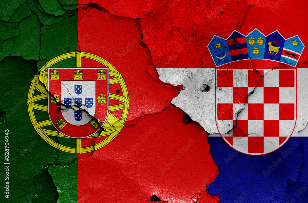 flags of Portugal and Croatia painted on cracked wall