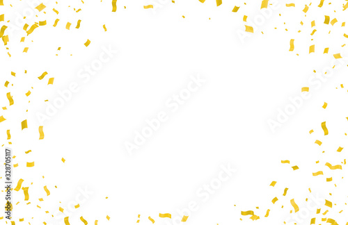 Many Falling Gold color Tiny Confetti And Ribbon On White Background
