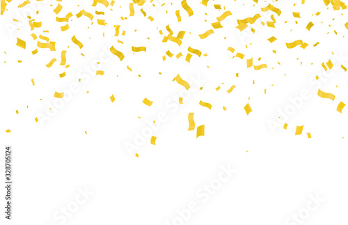 Many Falling Gold color Tiny Confetti And Ribbon On White Background