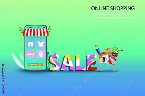 Concept of online shopping, colorful wording "SALE" put near super market basket with goods and smartphone which the display contain list of products and buy now button in blue green shade background.
