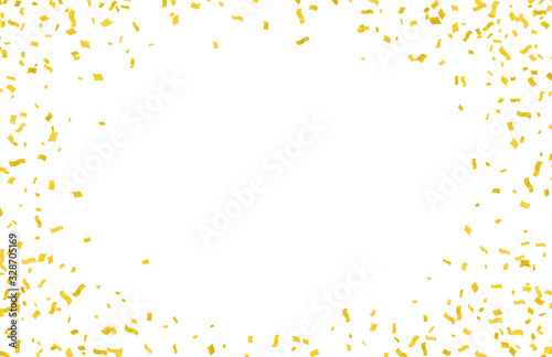 Many Falling Gold color Tiny Confetti And Ribbon On White Background