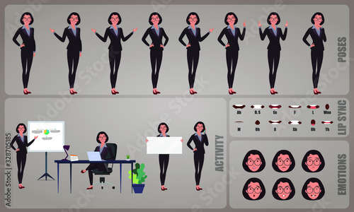 Business woman or office worker character Set. Collection of character body Poses, facial gestures, Business activities and Lip syncs poses. Ready-to-use and animate, character set. Vector.