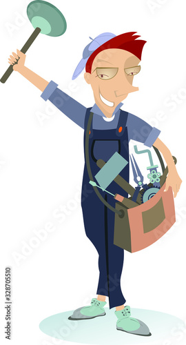 Smiling worker with a plunger and a tool bag illustration. Cartoon cheerful mechanic or plumber holds a plunger in his hand and a big bag full of instruments on the shoulder isolated on white illustr