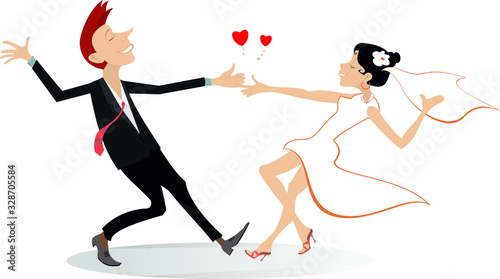 Dancing married wedding couple illustration. Heart symbol and dancing happy man and woman in the white dress and isolated on white