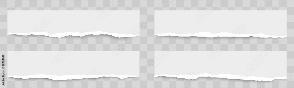 Torn paper edges with realistic shadow. Torn sheets of paper. A set of horizontally torn paper and strips of paper. Pieces of torn horizontal paper strip is on isolated background - stock vector.