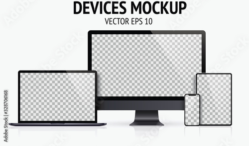 Realistic devices mockup set of Monitor, laptop, tablet, smartphone dark grey color - Stock Vector.