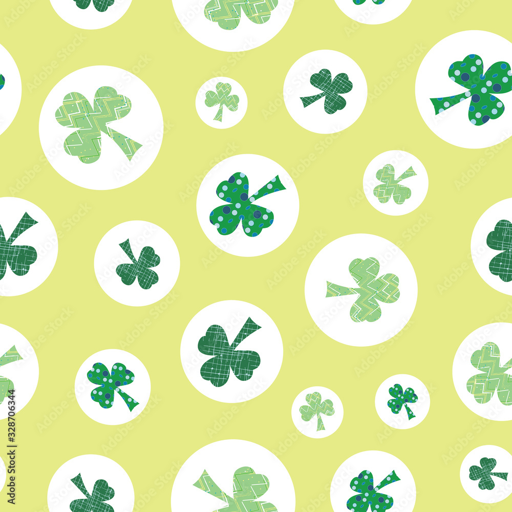 Shamrocks in circles green clovers seamless vector repeat surface pattern design Shamrocks in circles green clovers seamless vector repeat surface pattern design