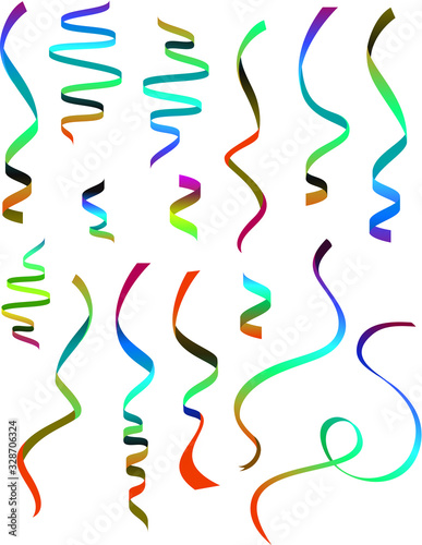 Curly and glossy ribbon isolated variety of colors over the background, set collection of three different foreshortening