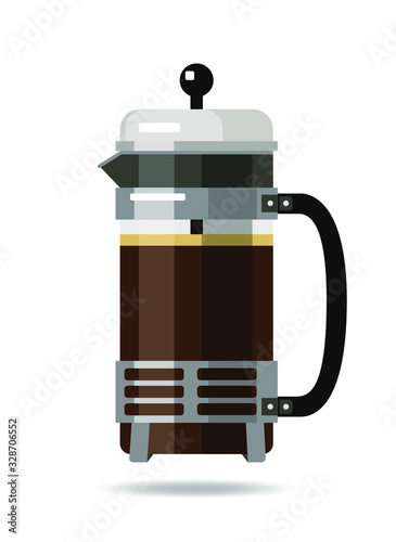 French press coffee maker - flat illustration. Design elements for coffee house and shop. Vector illustration isolated on white background. EPS 10