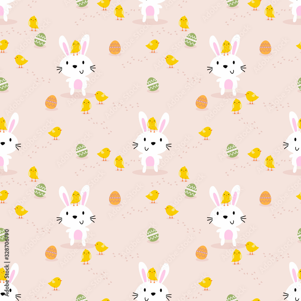 Fototapeta premium Cute white rabbit, little chick and easter eggs seamless pattern.