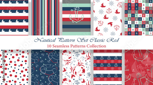 Nautical Pattern Set inspired by adventures on the seas. Classic Red and Blue color palette. Anchor, ship wheel, telescope, crab ... It fits any surface you like, T-Shirt, Wall Coverings, Bed Linen, 