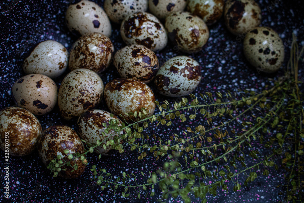 Obraz premium Quail eggs in a black plate. On the old dark black background. Top view. Free copy space.