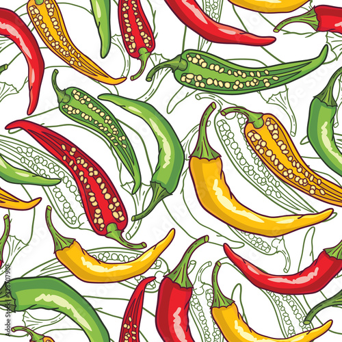 Vector seamless pattern with green, yellow and red peppers