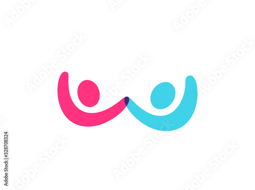 Two happines persons with hands up simple silhouette, care and relationship sign, bra and boobs abstract symbol