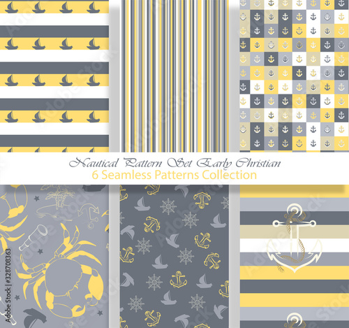 Nautical Pattern Set inspired by adventures on the seas. Early Christian style color palette. Anchor, ship wheel, telescope, crab ... It fits any surface you like, T-Shirt, Wall Coverings, Bed Linen, 