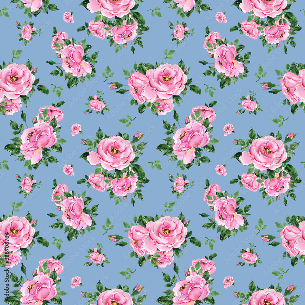 Watercolor hand-drawn seamless pattern of beautiful delicate roses with foliage