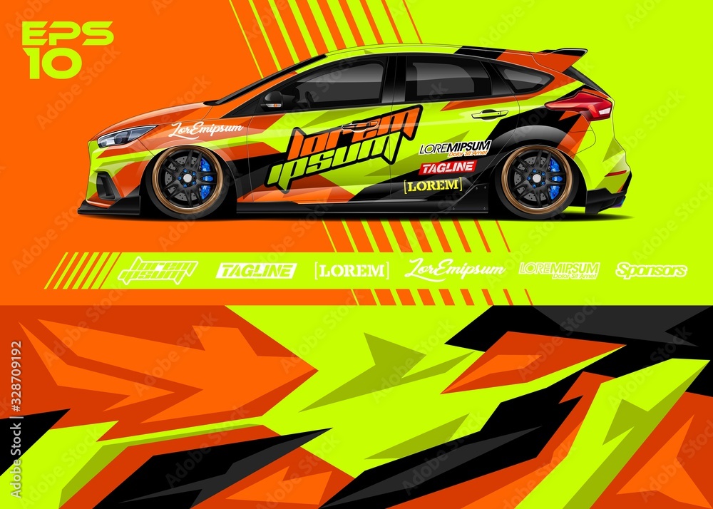 Car graphic livery design vector. Abstract stripe racing background for wrap race car, rally, drift car, cargo van, pickup truck and adventure vehicle. Full vector Eps 10.