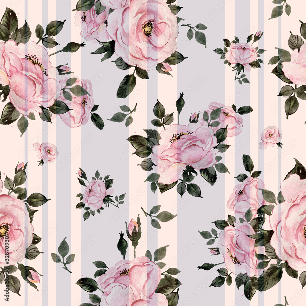 Naklejka Watercolor hand-drawn seamless pattern of beautiful delicate roses with foliage