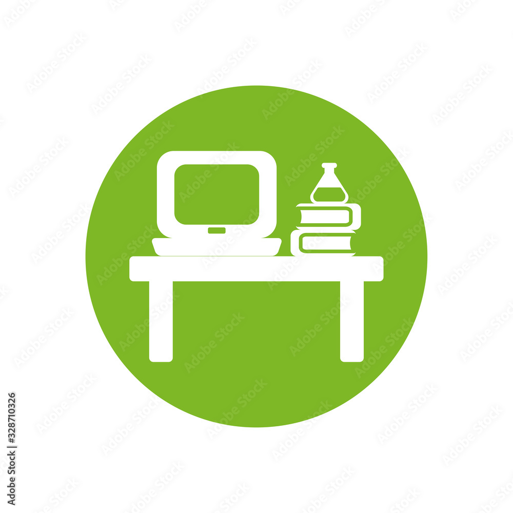 flask over school books and laptop silhouette block style icon vector design flask over school books and laptop silhouette block style icon vector design