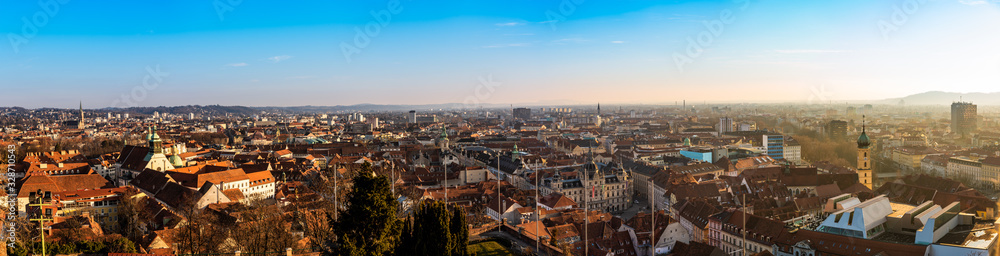 Wide panorama of Graz City from castle hill Schlossberg, Travel destination.