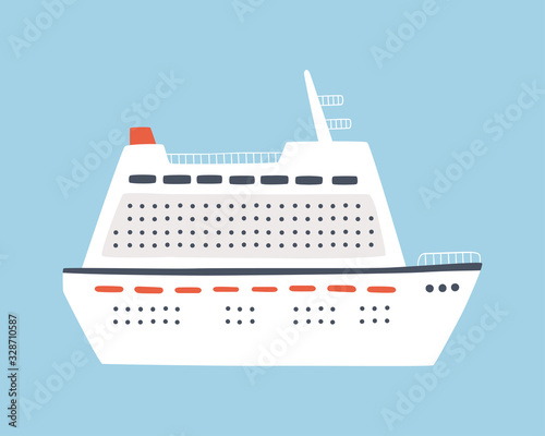 A large sea cruise ship. Travel on an ocean liner. Isolated hand drawn vector illustration on blue background