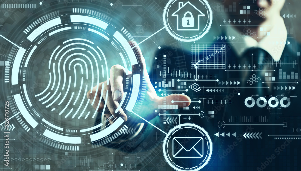 Fingerprint scanning theme with businessman on a dark vintage background Fingerprint scanning theme with businessman on a dark vintage background