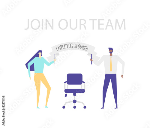 Vector illustration. Join our team. Men and women of different nationalities in the office welcome the new employee. Holding a poster with the inscription "employees are required". Flat design.
