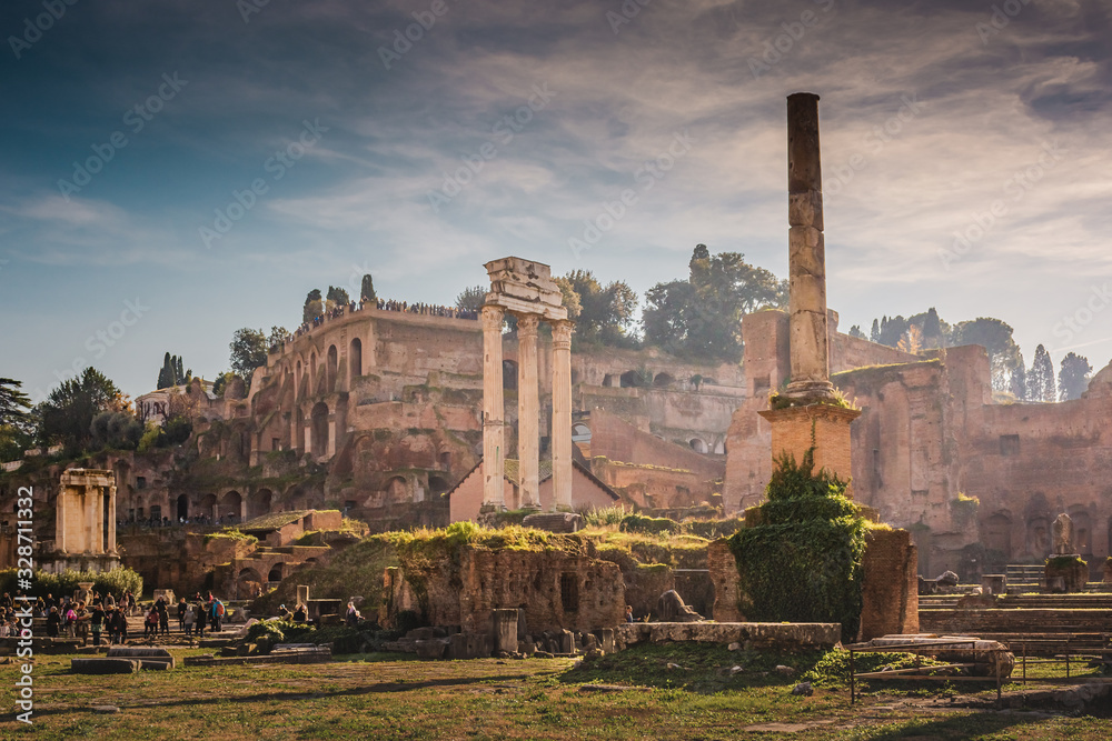 Ancient temple ruins of the Roman forum in Rome, Italy