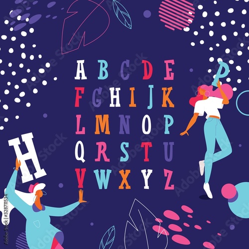 Colorful english alphabet with dancing girls. Capital latin letters drawn with bright colors