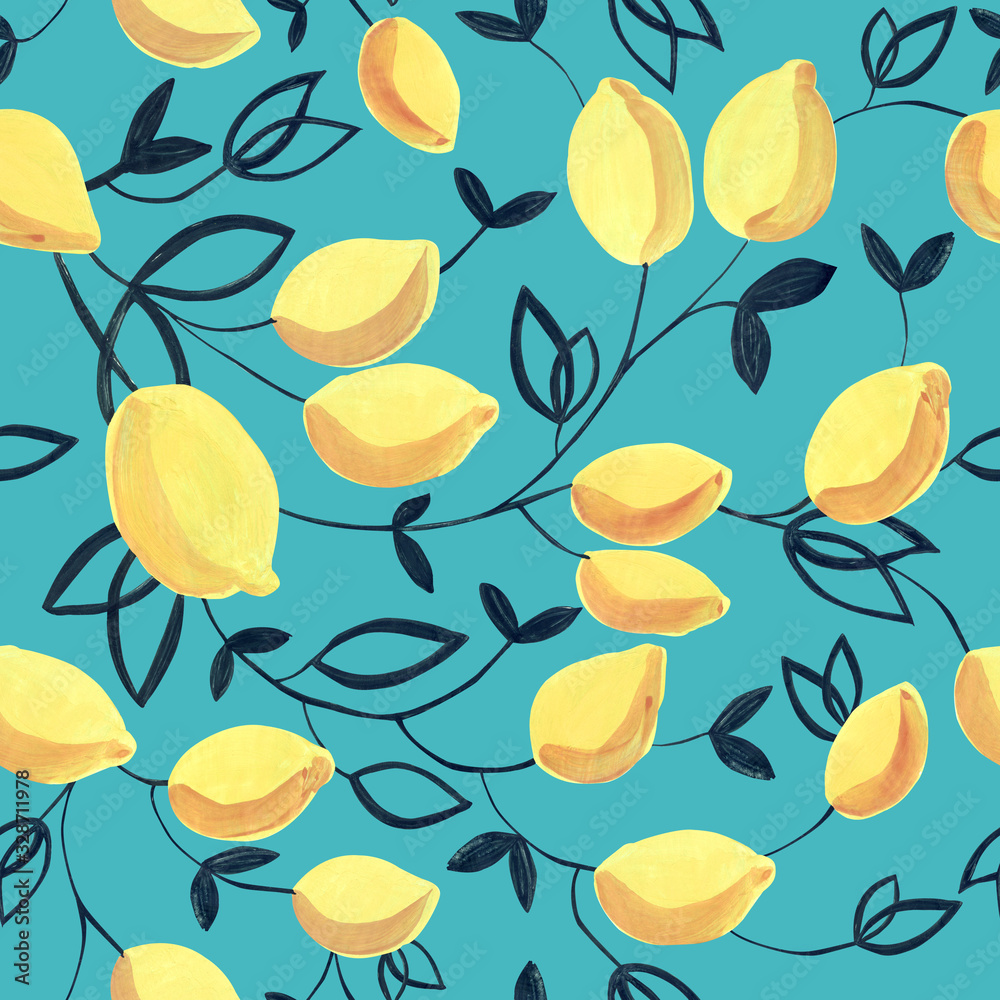 Gouache seamless pattern with decorative yellow lemons and leaves. Great for fabrics, wrapping papers, wallpapers, covers. Turquoise background. Gouache seamless pattern with decorative yellow lemons and leaves. Great for fabrics, wrapping papers, wallpapers, covers. Turquoise background.