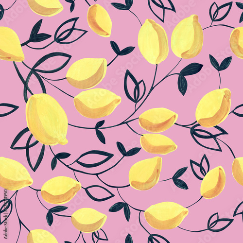 Gouache seamless pattern with decorative yellow lemons and leaves. Great for fabrics, wrapping papers, wallpapers, covers. Pink background.