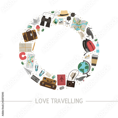 Vector round frame with travelling objects. Journey elements banner design framed in circle. Cute funny card template with travel or vacation elements..