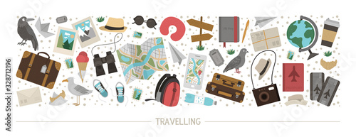 Vector horizontal layout set with travelling objects. Journey elements banner design. Cute funny card template with travel or vacation elements..