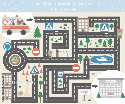 Medical maze for children. Preschool medicine activity. Funny puzzle game with cute emergency car and clinic. Help the ambulance get to the hospital..