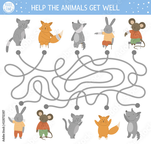 Medical maze for children. Preschool medicine activity. Funny puzzle game with cute ill and healthy patients. Help the animals get well..