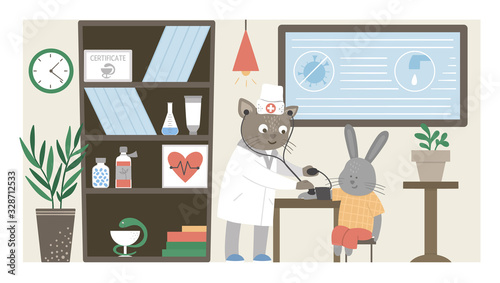 Vector hospital ward. Funny animal doctor taking blood pressure in clinic office. Medical interior flat illustration for kids. Health care concept.