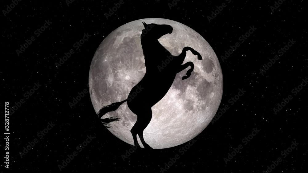 black horse prancing silhouette on full moon background loop new ...