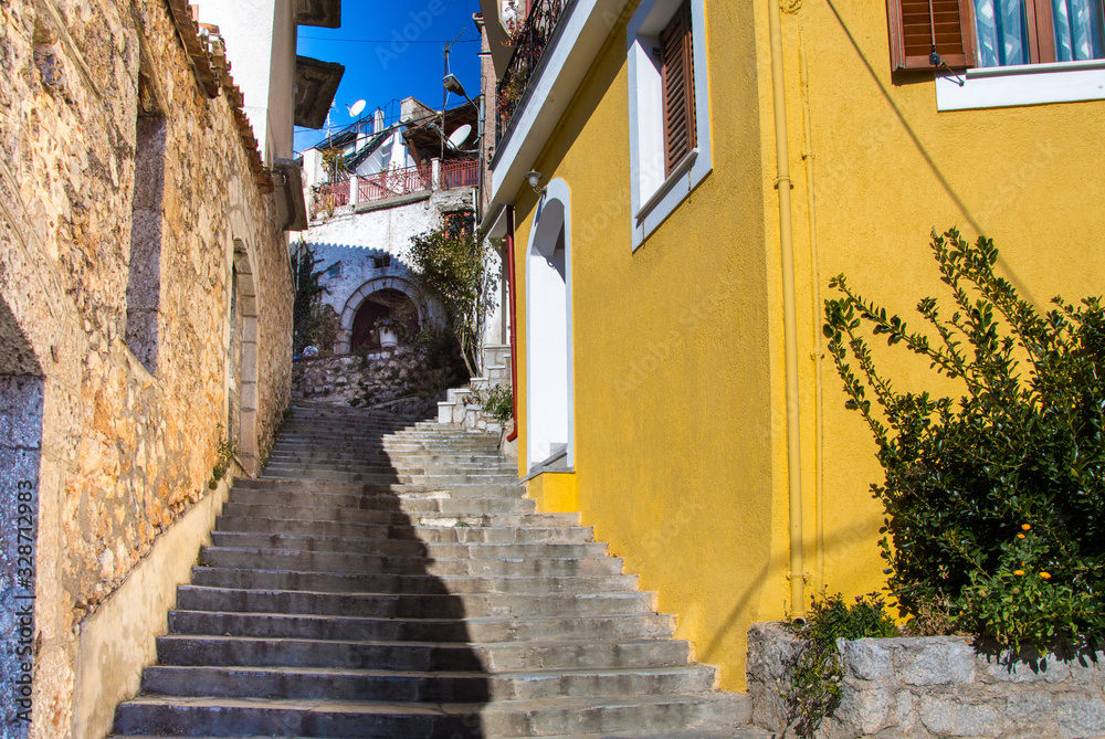 Fototapeta premium Street view of Arachova village, a popular winter destination in Parnassos mountain in Greece
