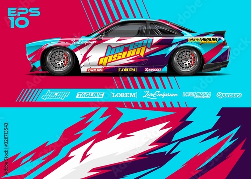 Race car graphic livery design. Abstract sport racing background for wrap race car, rally, drift car, cargo van, pickup truck and adventure vehicle. Full vector Eps 10.