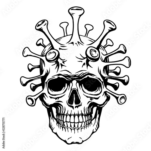 Skull face mutant biohazard with coronavirus. Vector illustration quarantine 2019-nCoV Chinese virus. Concept for print poster shirt, desing tattoo