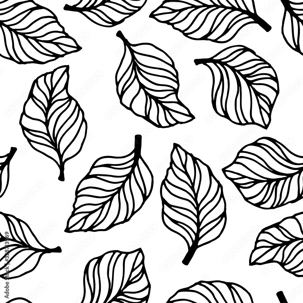 seamless pattern with stylized leaves in black and white, wallpaper ornament, wrapping paper