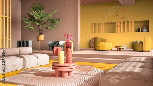 Colored contemporary living room, pastel yellow colors, sofa, armchair, carpet, tables, steps and potted plants, copper pendant lamps. Interior design atmosphere, architecture ideav photo